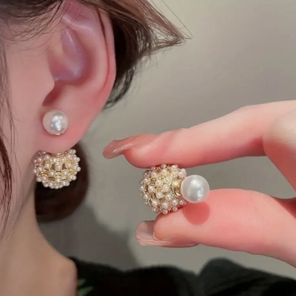 NEW Constance White Pearl Double Ball Gold Filigree Front to Back Stud Earrings - Picture 1 of 4